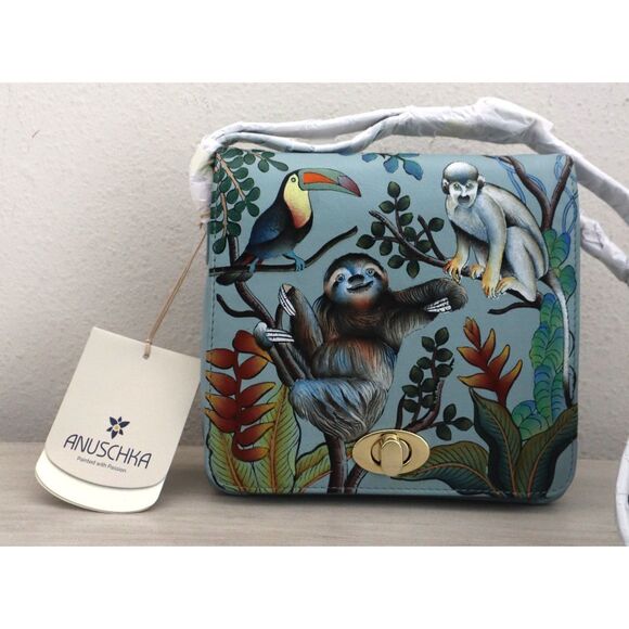 Anuschka 7431-AMA Amazon Sloth Jungle Animals Front Flap Crossbody Bag - Picture 3 of 12